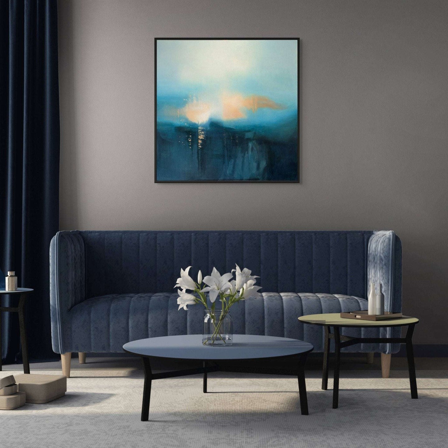 Original abstract painting for sale by Marcus Callum on a wall above a sofaOriginal Painting: "Misty Morning" (Available)